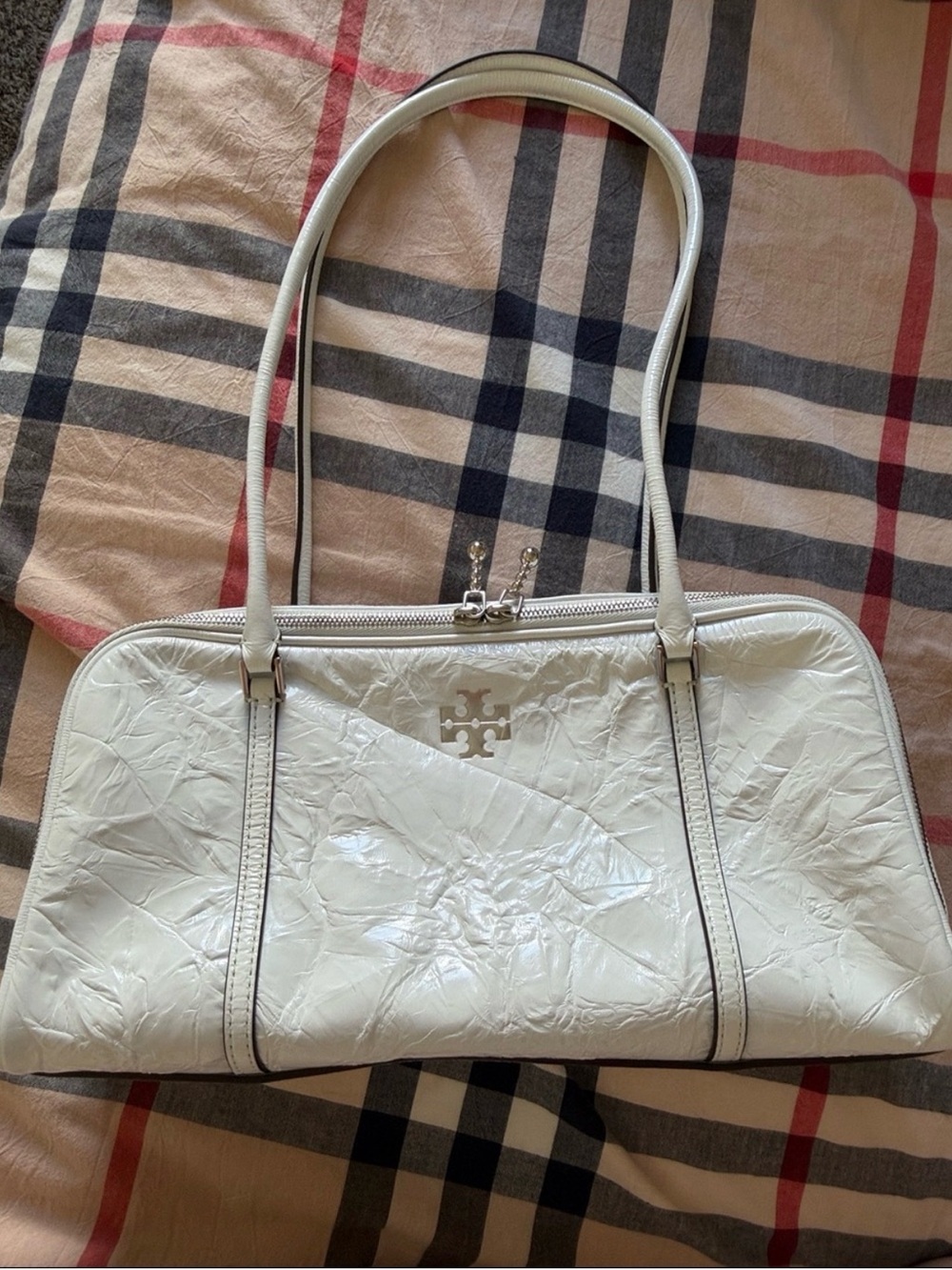 Tory Burch White Patent Leather Shoulder Bag with Logo